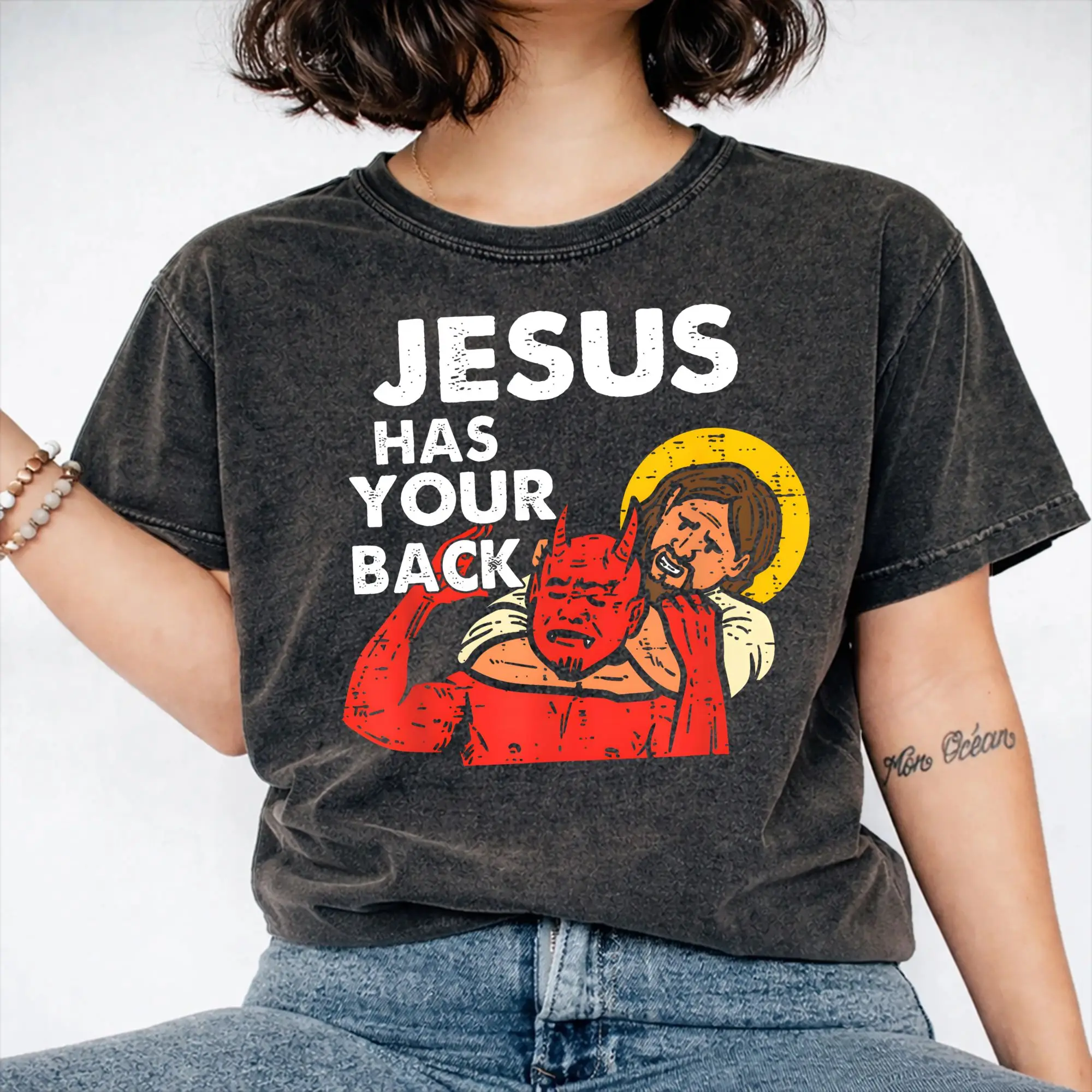 Harajuku Washed Shirts Jesus Has Your Back Jiu Jitsu Outfit Vintage T Shirt High Street Streetwear Short Sleeve Summer Tee Shirt