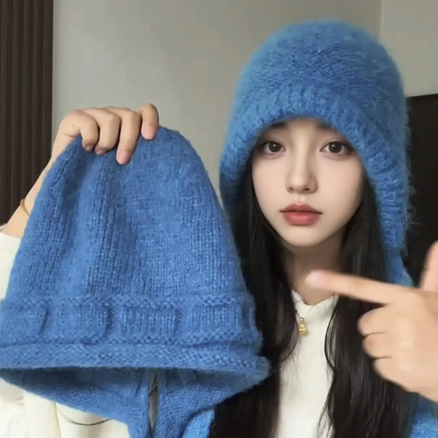 Blue Knitted Woolen Hat Women's Style 2026 New Autumn Winter Warm Ear Protection Large Head Circumference Korean Style All-Ma...