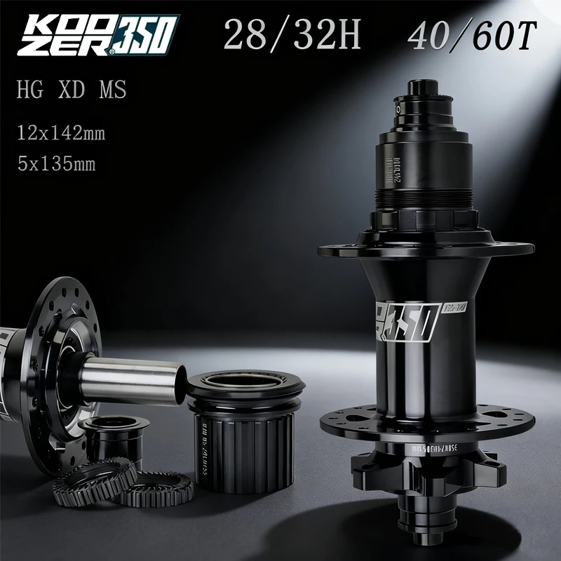 

KOOMER 350 MTB Rear Bicycle Hub - Cr-Mo Steel Axle 5x135/12x142mm QR-Thru Axle, 40T/60T Ratchet, 28H/32H Spokes 10/11/12S