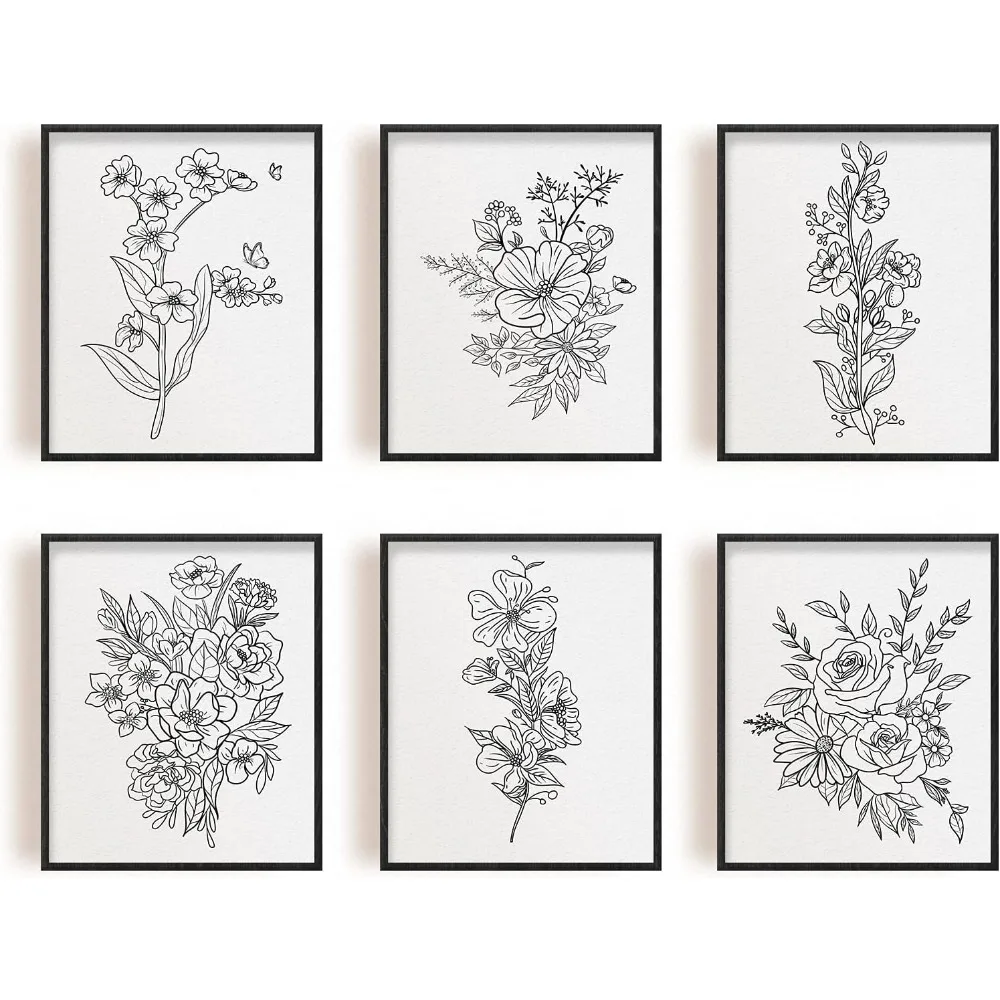 Home Decor Painting Canvas Wall Art Sketches A Bunch of Flower Hanging Painting Canvas Art 7.9x9.8inch Printing