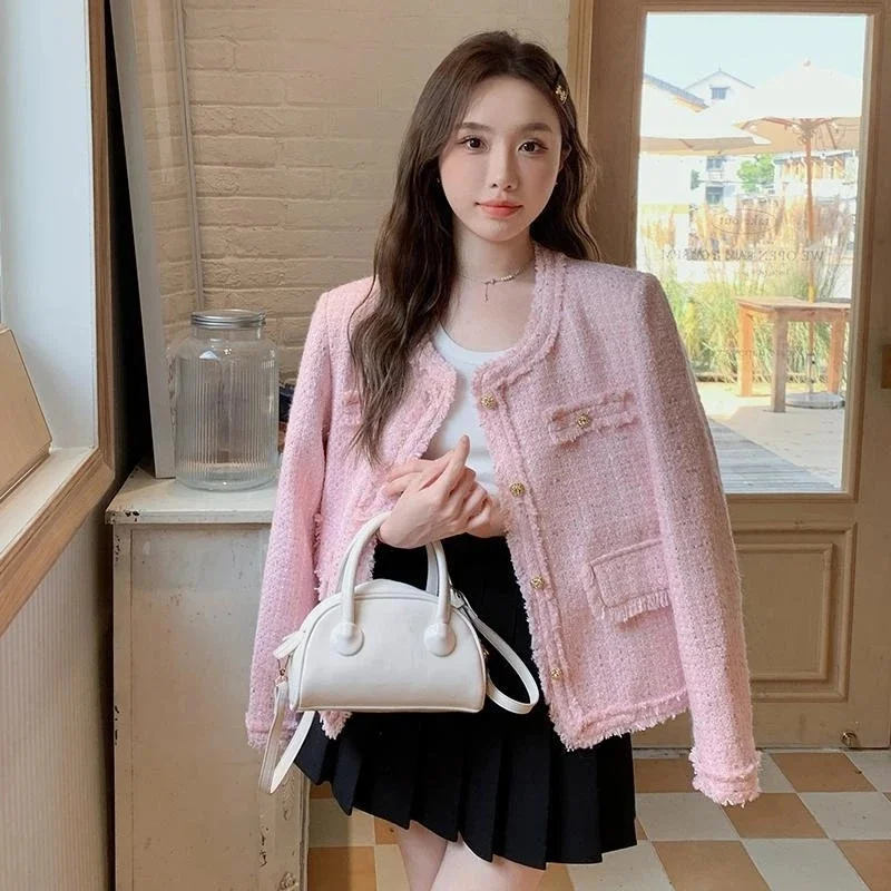 

Spring Autumn Winter Jacket 2026 New Women Coat Pink Small Fragrant Style Woolen Jacket Fashion Short Blend Tweed Woolen Coat
