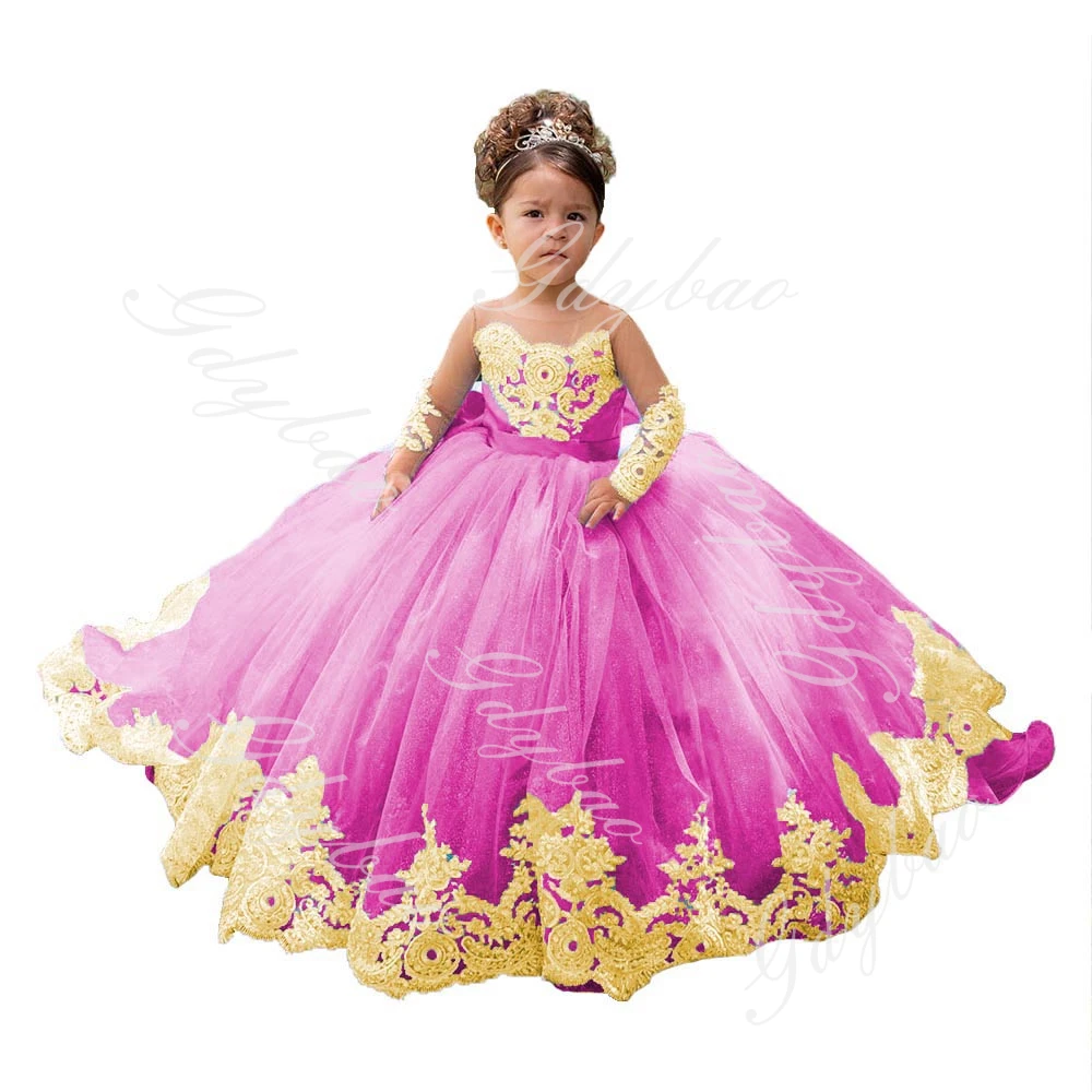 Full Sleeve Flower Girl Dresses for Wedding Kids Gold Lace Princess Pageant Dress Toddlers Long Communion Birthday Party Gowns