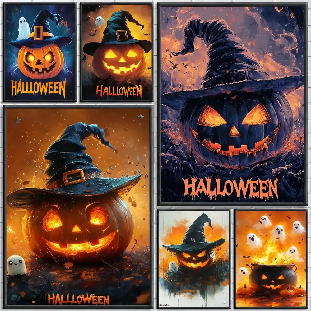 Halloween Jack O lantern Painting Calligraphy Stylish Canvas Poster Wall Art for Bedroom Living Room Study Home Decor Gift