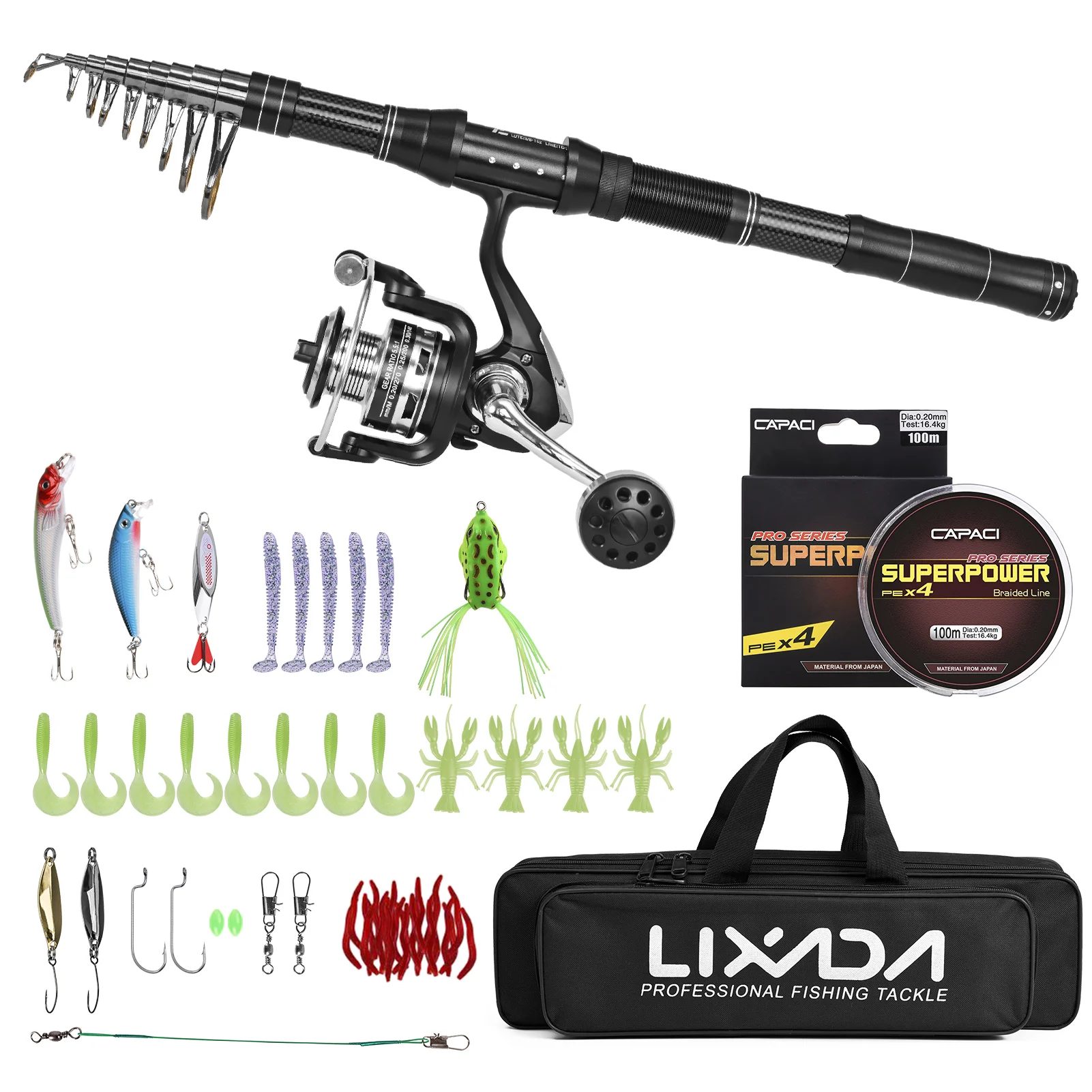 

Fishing Rod Reel Combo Telescopic Fishing Rod with Fishing Line Fishing Lures Kit Carrier Bag for Saltwater Freshwater Fishing