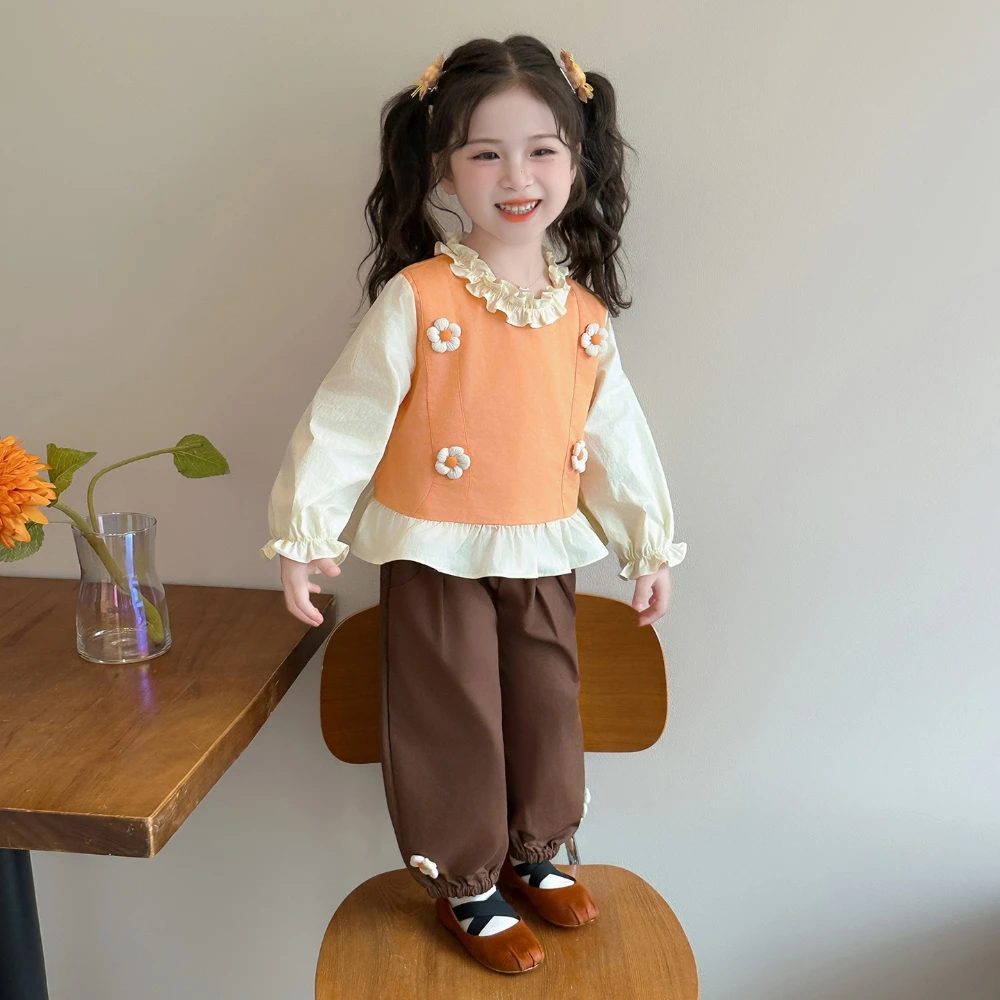Bear Leader Autumn New Color Blocked Long Sleeved Long Pants Girls' Clothing 3D Flower Decoration Children's Two Piece Set