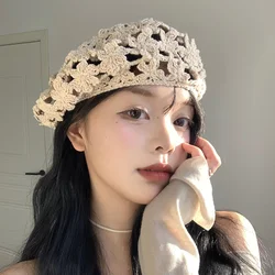 Korean Ins Sweet Flower Hollow Knitted Berets Caps for Women Summer Travel Photo Versatile Casual Retro Literary Painter Hat