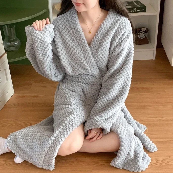 Winter Coral velvet Sleepwear autumn Women solid Bathrobe Ladies Fleece Plush Warm Long Robes Flannel Nightgown Rest Home Wear