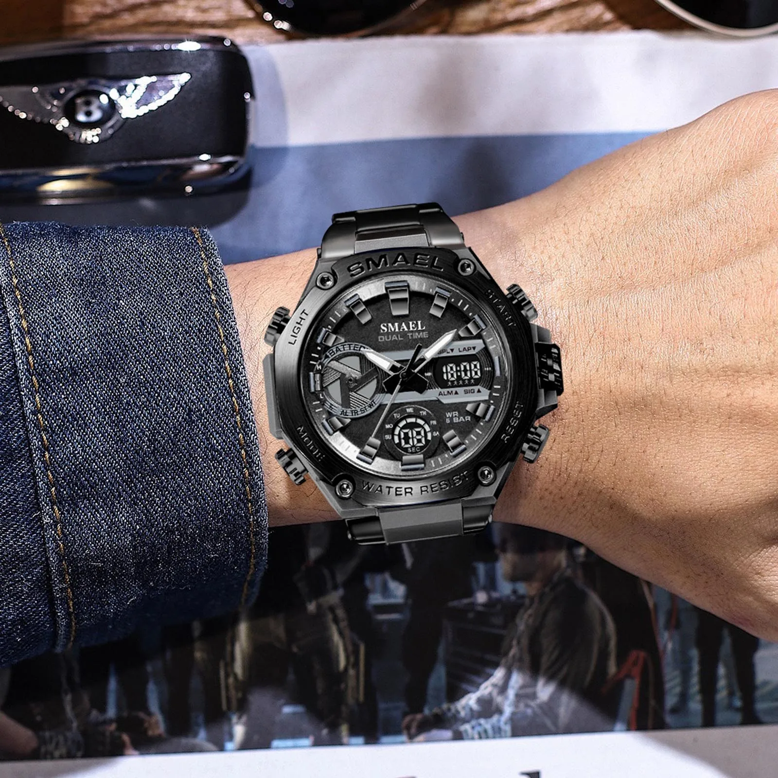 SMAEL Brand Fashion 8097 Stainless Steel Watch Sport Dual Time Luminous LED Display Quartz Digtal Watch For Men