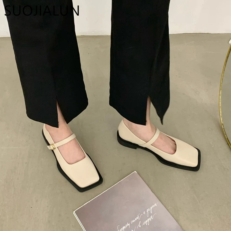 SUOJIALUN 2022 Autumn  Flat Heel Women Loafer Shoes Fahion Square Toe Slip On Shallow Ballerina Shoes Female Ballet Zapatos Muje