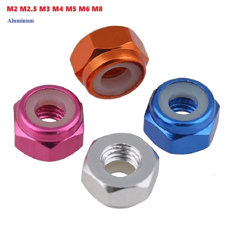 Aluminum Lock Nuts M2 M2.5 M3 M4 M5 M6 M8 Anodized Colorful Aluminum Hex Nylon Insert Lock Nut Self-Locking Locknut