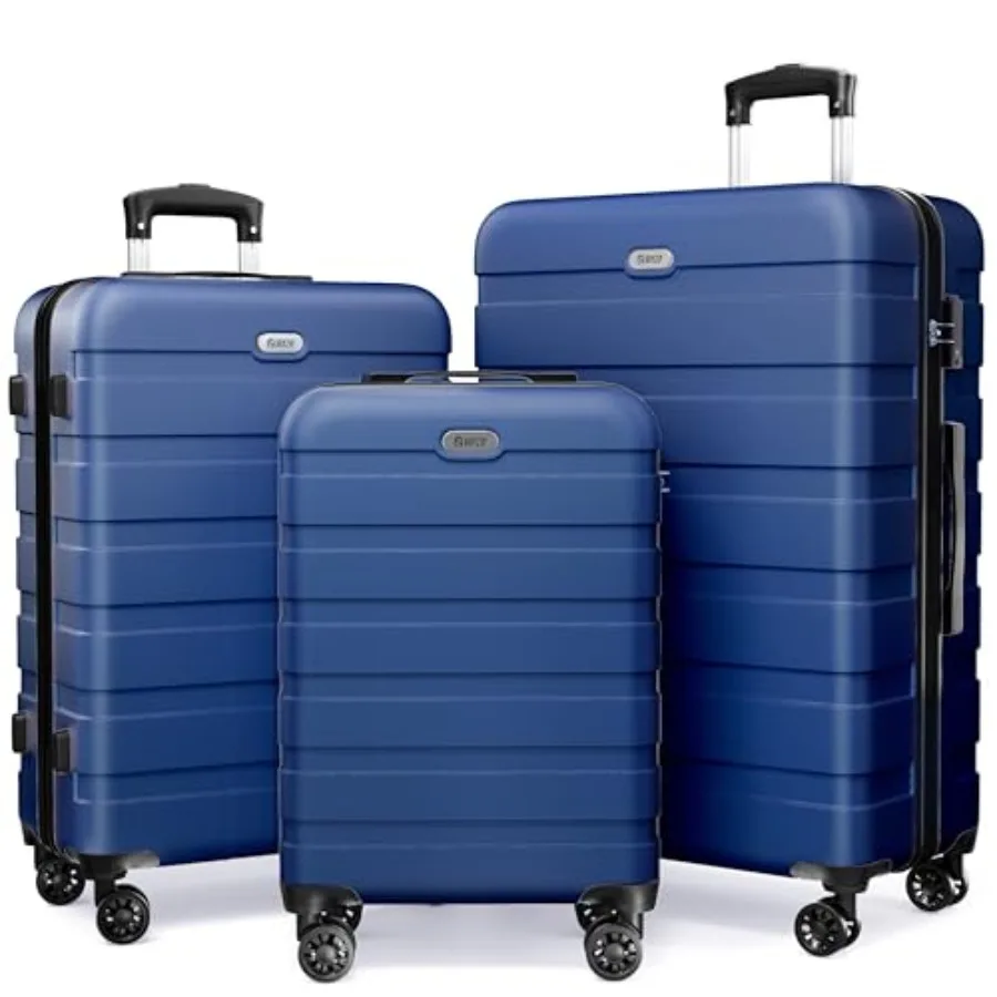 

Dark Blue 3 Piece Hardshell Luggage Set PC ABS Lightweight Travel Suitcases with 4 Double Spinner Wheels TSA Lock 20 24 28 Inch