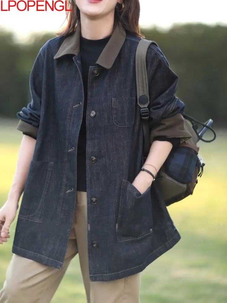 2025 Autumn New Temperament Turn-down Collar Vintage Denim Jacket Women's Versatile Fashion Wide-waisted Single Breasted Coat