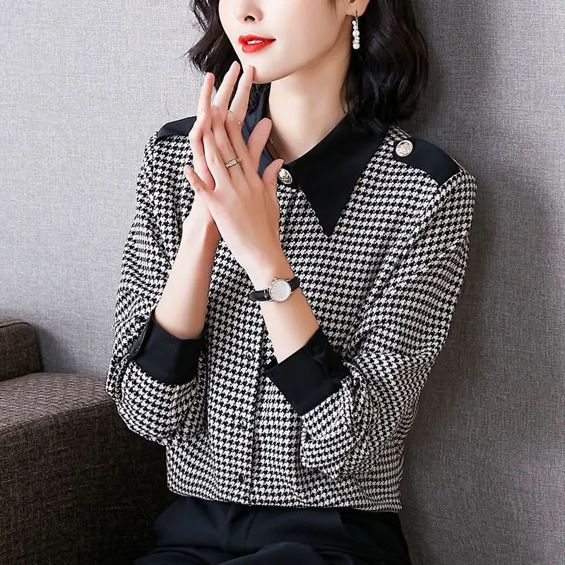 Plaid Shirt Women's Long-sleeved Chiffon Base Shirt Fashionable Ol Style Houndstooth Shirt Professional Top Trendy