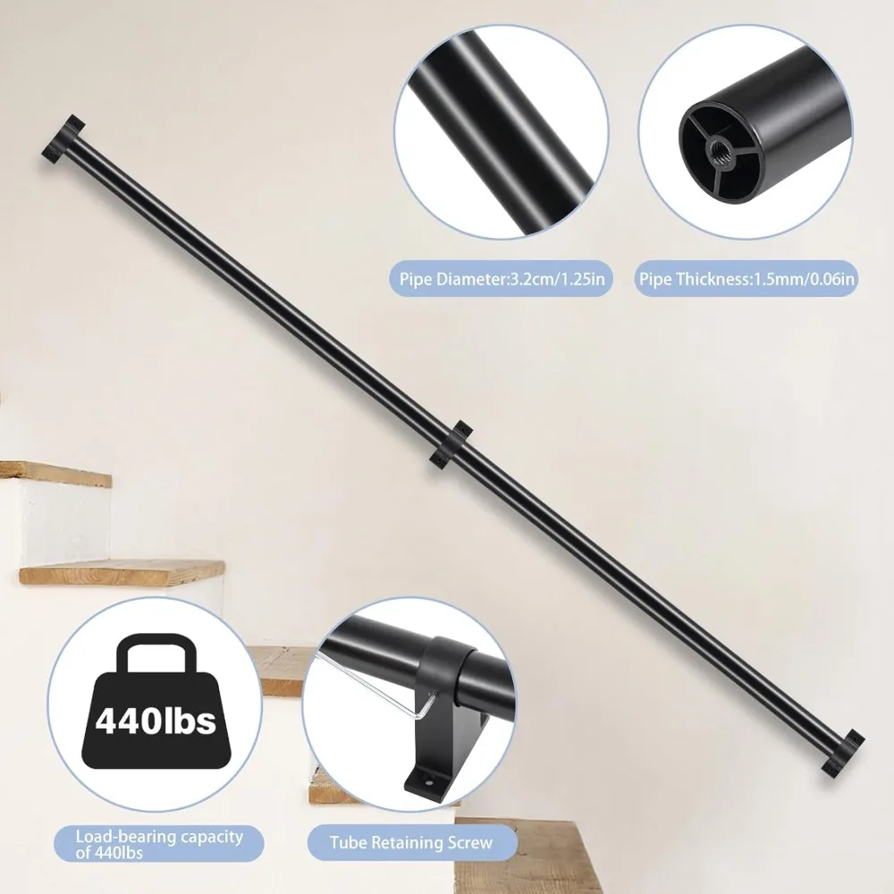 درابزين سلالم داخلية معدنية مثبتة على الحائط درابزين بقطر 1.25 للدرج، درجة صناعية، درابزين خطوة آمنة ومتينة #2