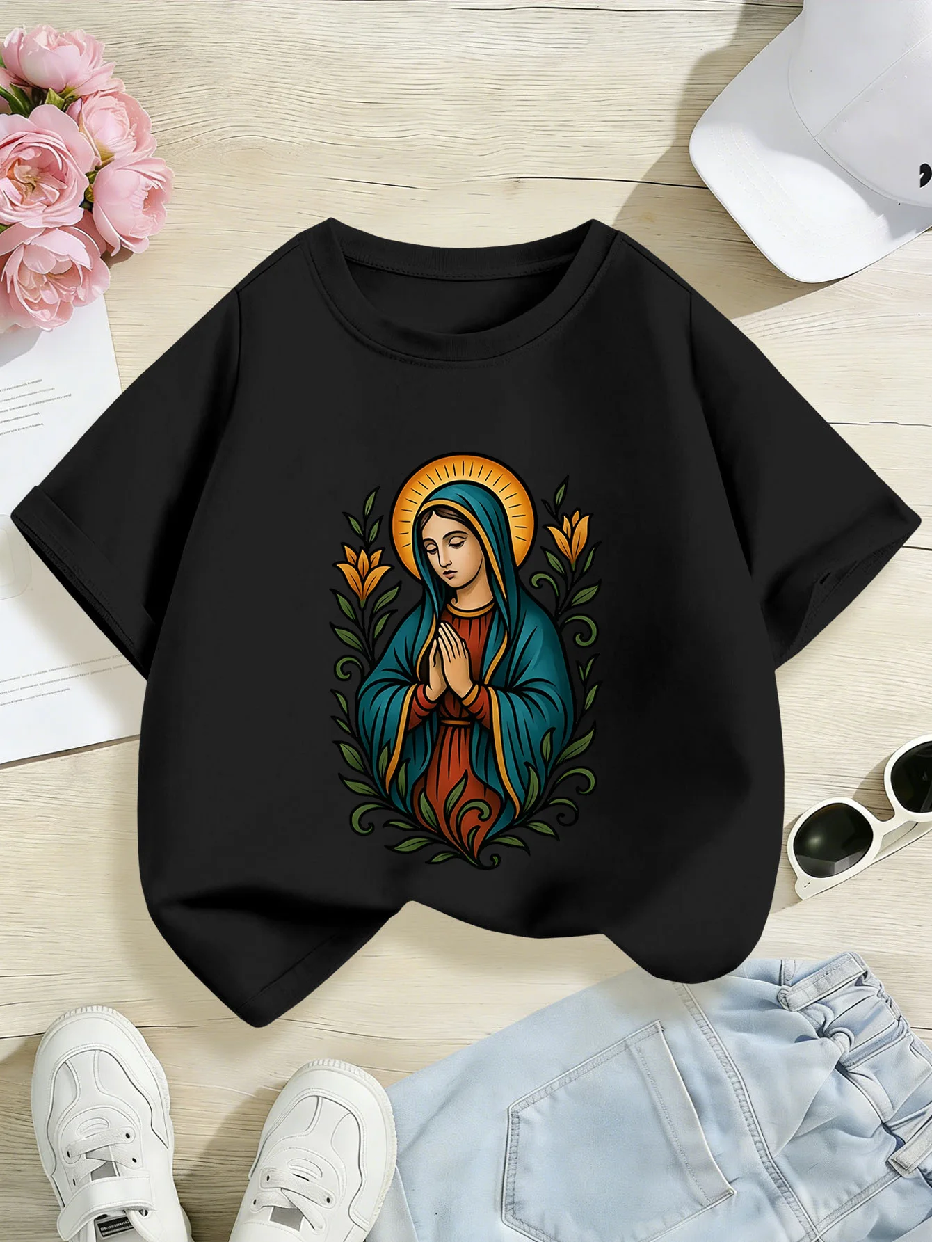 Colorful Our Lady Guadalupe With Flowers Print Kids T Shirt Boys Girls Family Matching Parent Child Summer Crew Neck Casual Tee