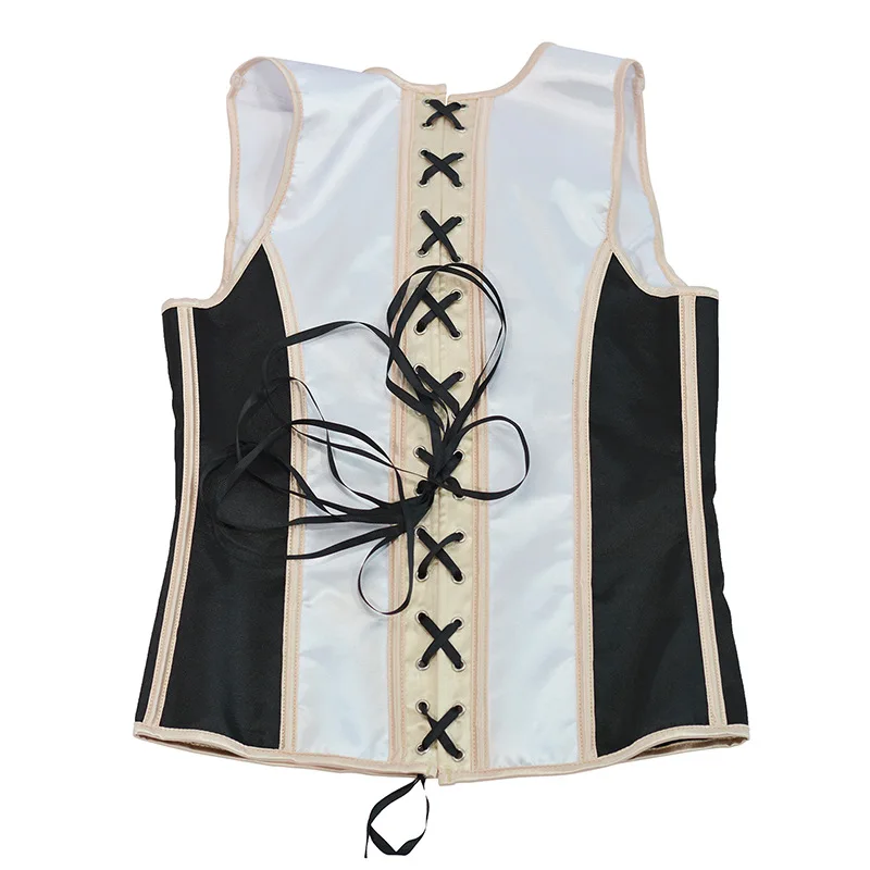 White And Black Patchwork Satin Abdominal Shapewear Simple Men's Corset Top With Straps Adjustable 6 Buttons Vest