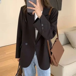 Blazer preto feminino coreano, gola virada para baixo, jaqueta solta, bolsos femininos de manga longa, Casacos clássicos, 2023