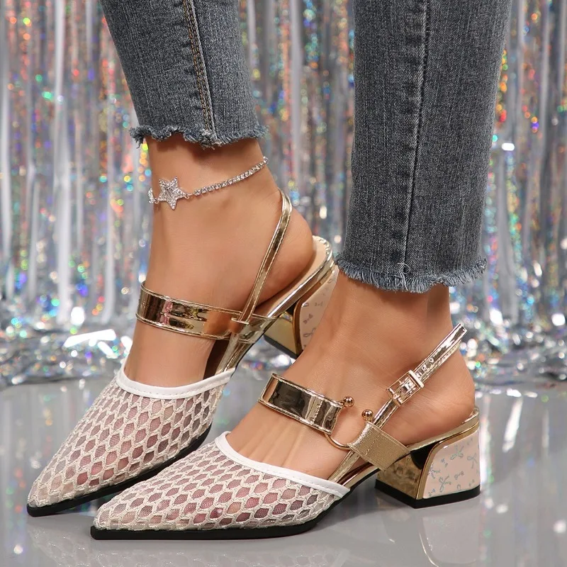 

Mesh Breathable Pointed Toe Sandals Fashion Shallow Slip Strap Anti-Slip Wear-Resistant Block Heel Shoes