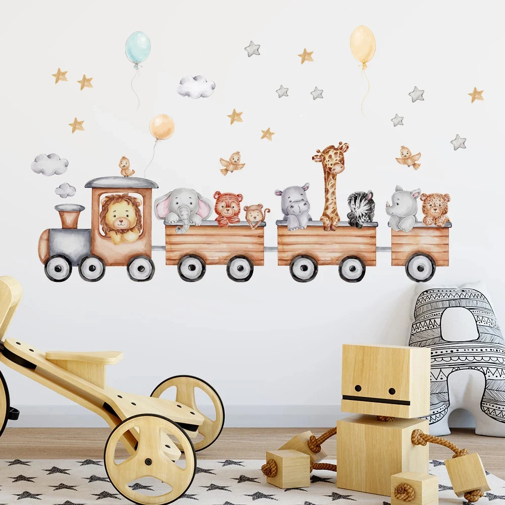 Nordic Cartoon Animals Wall Stickers for Kids Rooms Girls Boys Baby Room Decoration Giraffe Elephant Train Birds Star Wallpaper