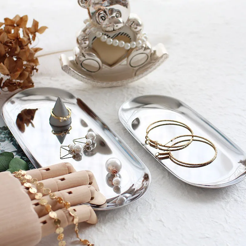 Silver Storage Tray,  Oval Metal Organizer Trays, Jewelry Display Organizer Plate, Home Entrance key Plate