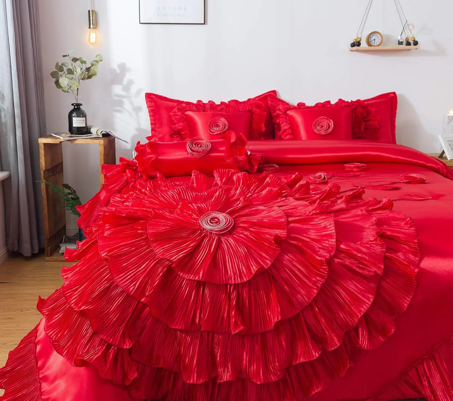 

Tache Red California King Size Comforter Set Vehy4174-Ck Satin Comforter Set Bright Red Romantic Roses Ruffle Bedding Set, Cal