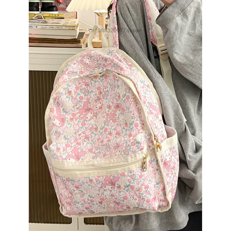 Sanrio Hello Kitty Melody Pink New Backpack for Women Y2k Student Nylon Schoolbags, Cute Cartoon Zipper Light Travel Backpack