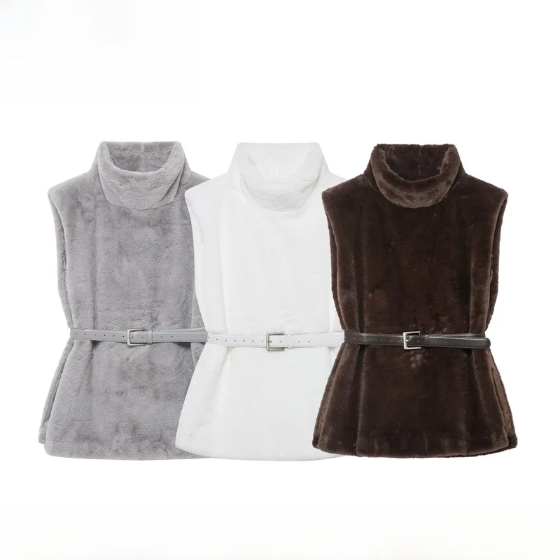 

EVEA New Women's Faion Autumn Winter Polyester Fiber Belted Fake Fur Vest Jaet Sli Trendy Ladies' Vest Top