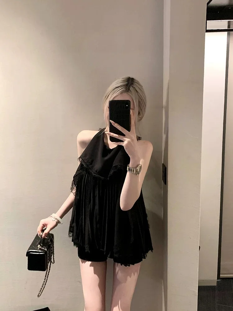 Sexy Slim Fit Ribbon Pleated Patchwork Lace Thin Chiffon Shirt For Women Summer Hanging Neck Sleeveless Top