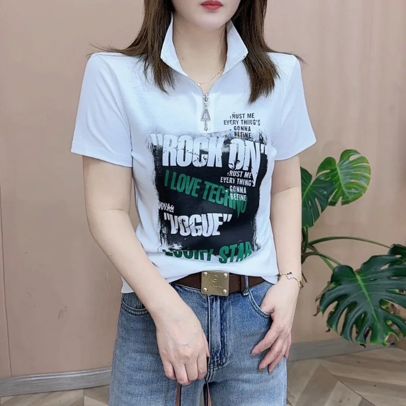 Spring Summer New Fashion Women\'s Patchwork Letter Printed Zipper Stand Collar Slim All-match Casual Short Sleeve T-shirts Tops