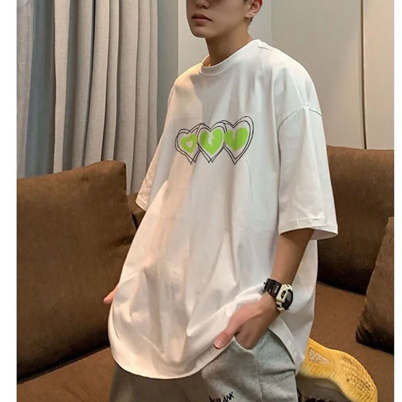 Minimalist Comfortable Boyfriend 2024 Summer New Pullovers Crew Neck Love Print Casual Loose Trendy Tops Half Sleeve T-shirt