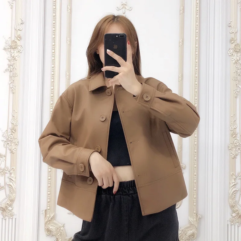 Spring and Autumn New Leather Leather Women's Head Sheepskin Lapel Casual Small Coat Korean Jacket