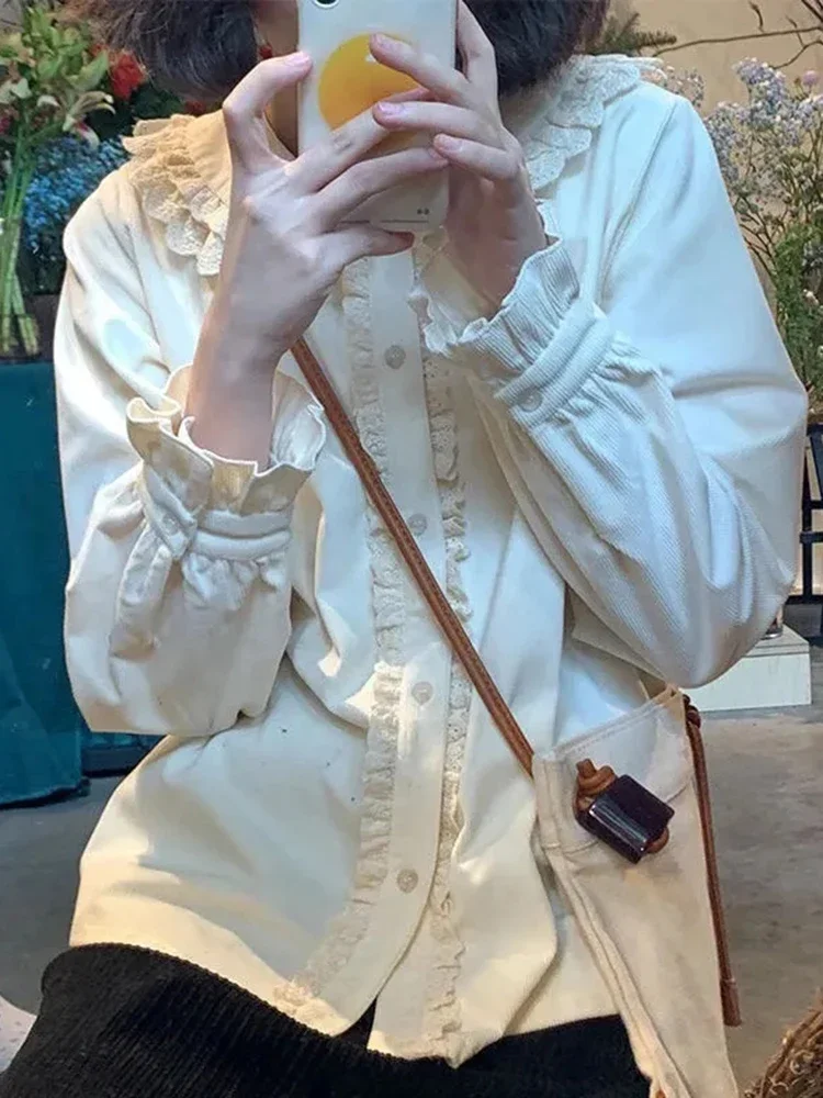 

Zoki женские милые рубашки с оборками, повседневная милая японская блузка с длинным рукавом, винтажная блузка с воротником Питера Пэна, кавайные женские топы в консервативном стиле