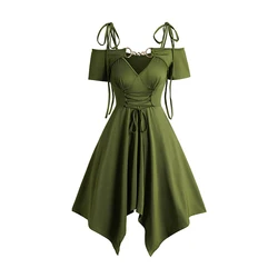 Summer Dresses for Women 2024 Cold Shoulder Lace Up Asymmetric Dress Tie Knot Shoulder Chain Solid Color Short Sleeve Dress