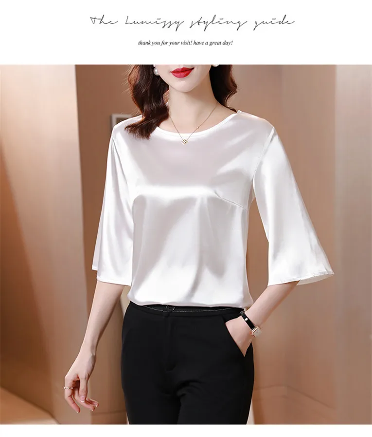 2026 Spring and Autumn New All-match O-neck Three-quarter Flared Sleeve Acetate Satin Blouse tops Basic Simple Ice Silk Shirts