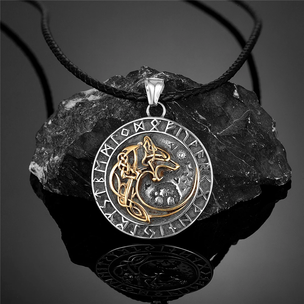 Norse Mythology Odin's Wolf Necklaces Men Stainless Steel Viking Runes Vegvisir Amulet Pendant Scandinavian Vintage Male Jewelry