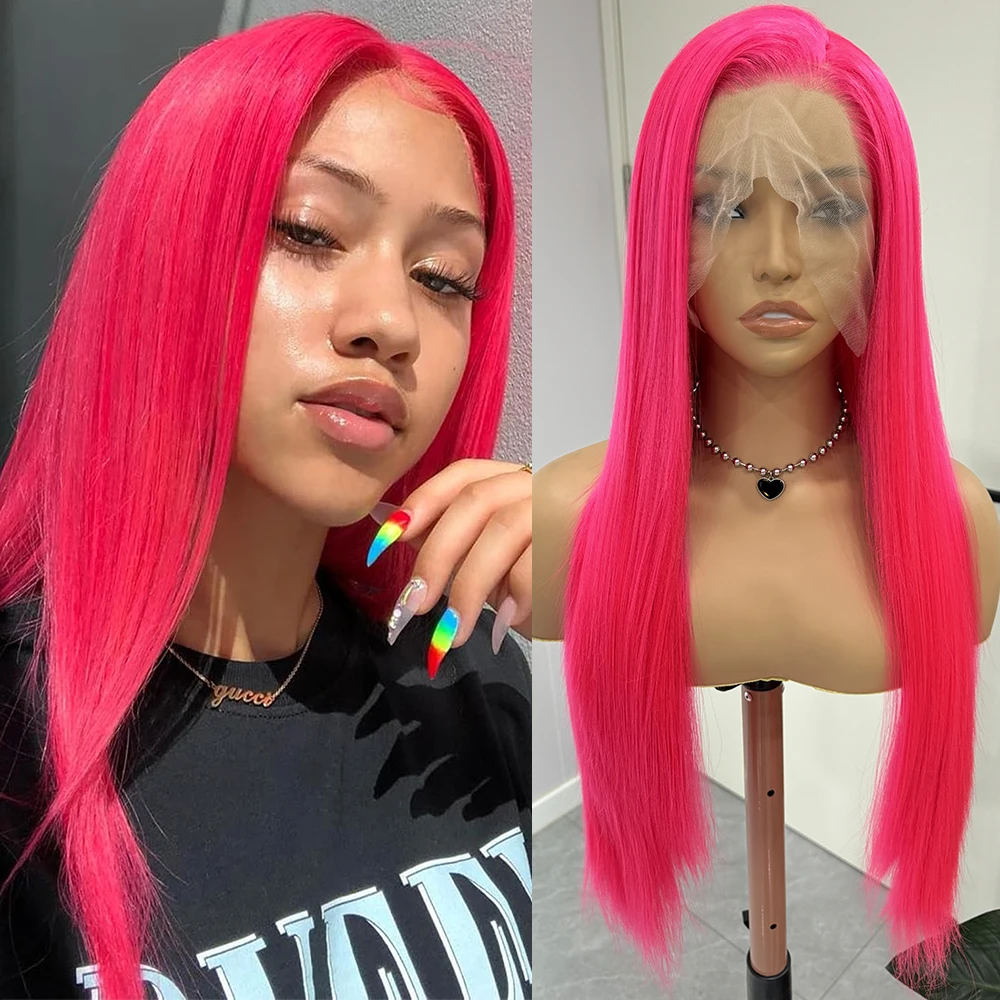 شعر مستعار وردي ساخن طويل مستقيم الشعر الاصطناعية الدانتيل الجبهة الباروكات للنساء مشرق الوردي طويل حريري مستقيم الدانتيل الشعر تأثيري ارتداء اليومي #1