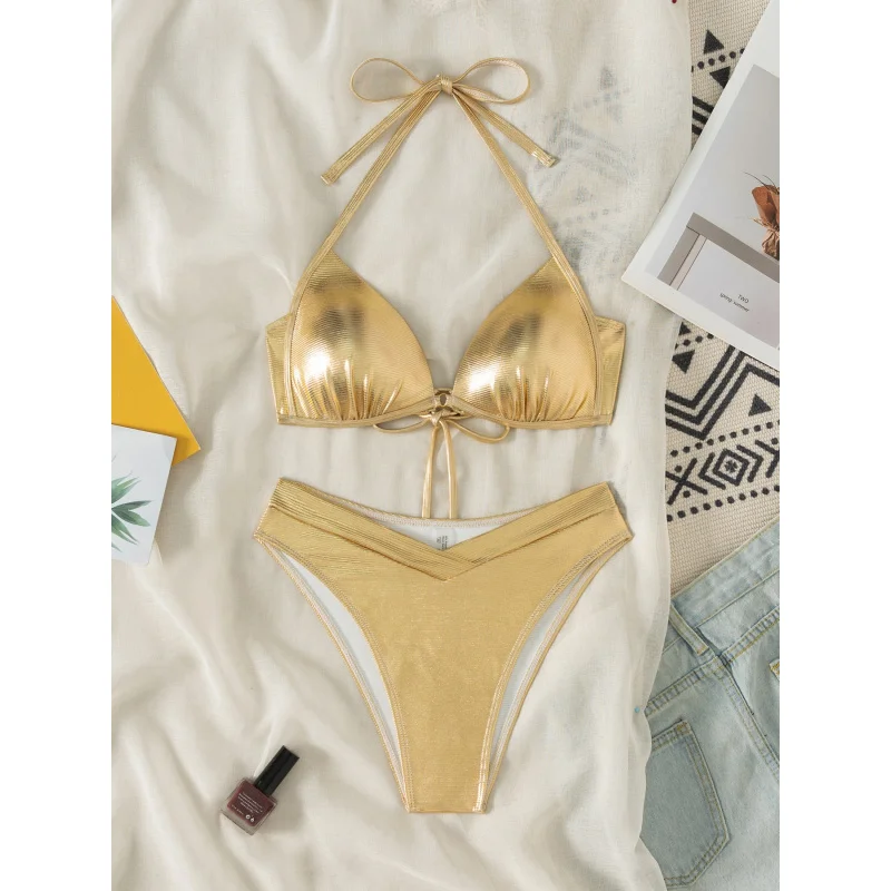 New Sexy Halter Neck Swimsuit Solid Color Hard Cup Two-Piece Bikini SwimwearLGD45