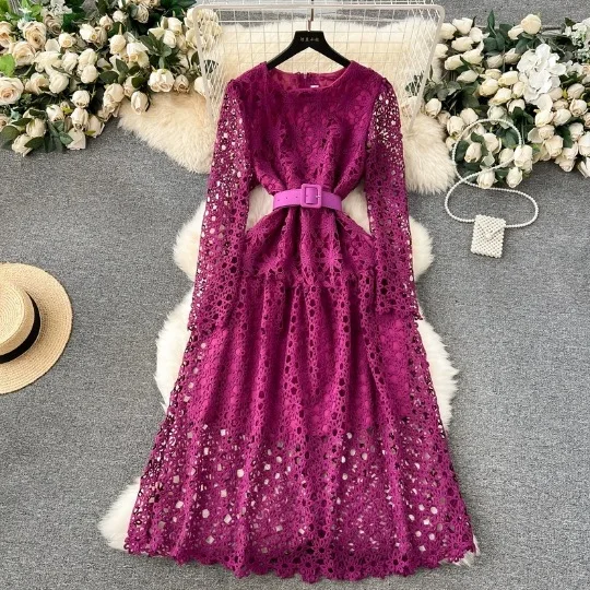 2024 High End Lace Elegance Spring New Long Sleeved Waist Slimming Hollow Fit Mid Length Dress  Maxi Dresses for Women