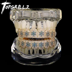 TOPGRILLZ Iced Out Bling Full Zircon Blue Teeth Grillz Caps Unisex Cubic Zircon Micro Pave Top&Bottom Grills Set Party Jewelry