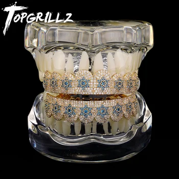 TOPGRILLZ Iced Out Bling Full Zirconia Blue Teeth Grillz Caps Unisex Cubic Zirconia Micro Pave Top &amp; Bottom Grillz Set Party Jewelry