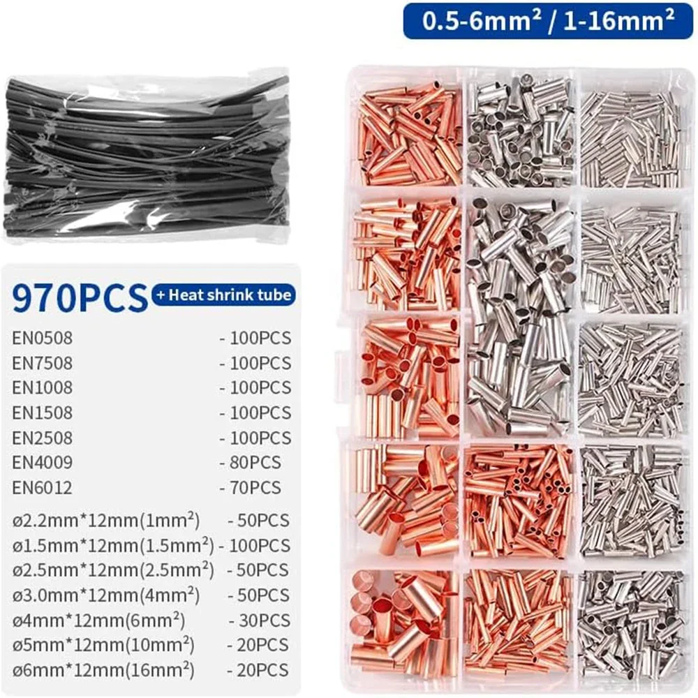 1850 Copper Tube Terminal Cable Lug Bootlace Ferrule Kit with Heat Shrink Tube Crimping Plier Copper Connecting Pipe Wire Joint