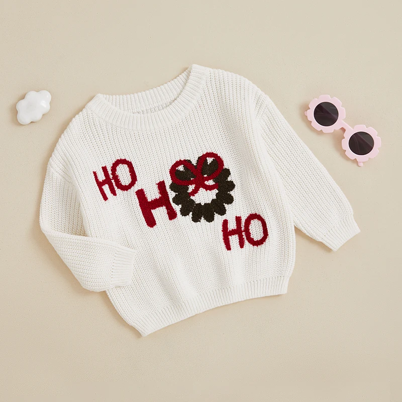 2024-06-15 Lioraitiin Baby Christmas Sweaters Long Sleeve Round Neck Santa/Wreath Pattern Knit Pullovers Toddler Jumper Tops