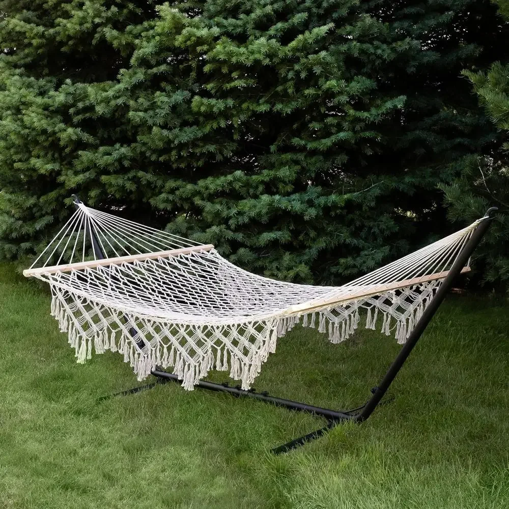 White 74 Lattice Rope Hammock with Wooden Spreader Bars
