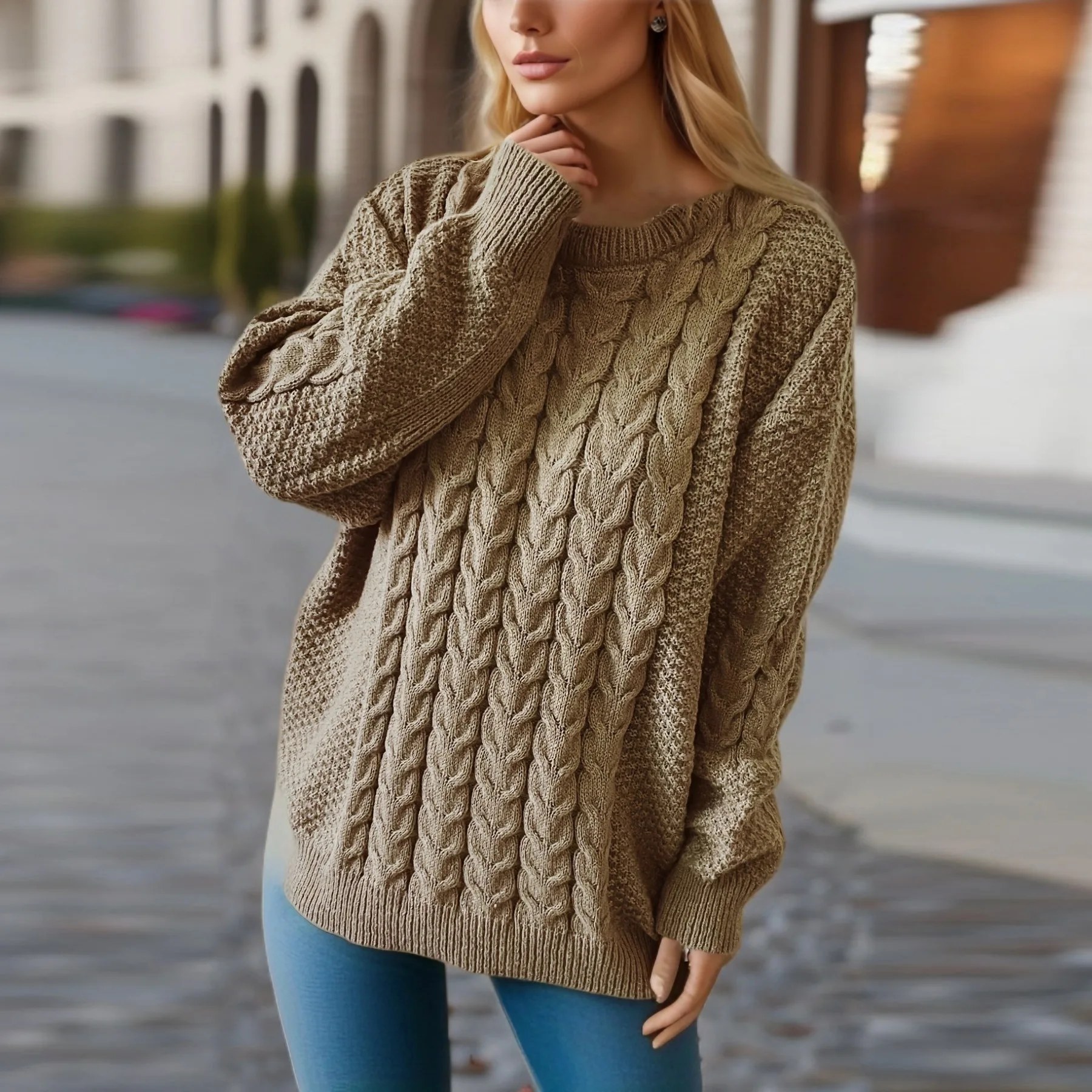 Vintage Solid Round Neck Long Sleeve Knitting Thick Needle Fried Dough Twists Pullover Loose Sweater