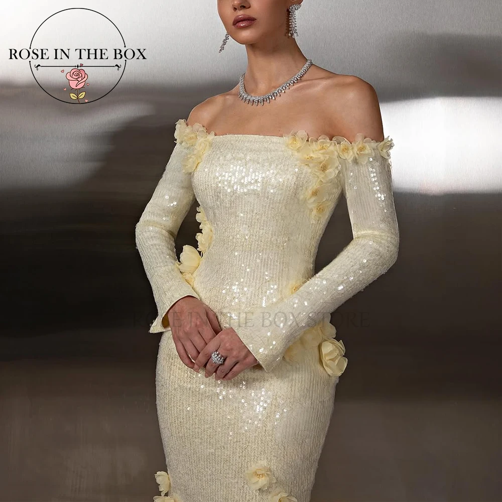 ROSEINTHEBOX Vestido de noche de sirena con hombros descubiertos y lentejuelas color champán glamoroso personalizado con apliques florales en 3D y mangas largas