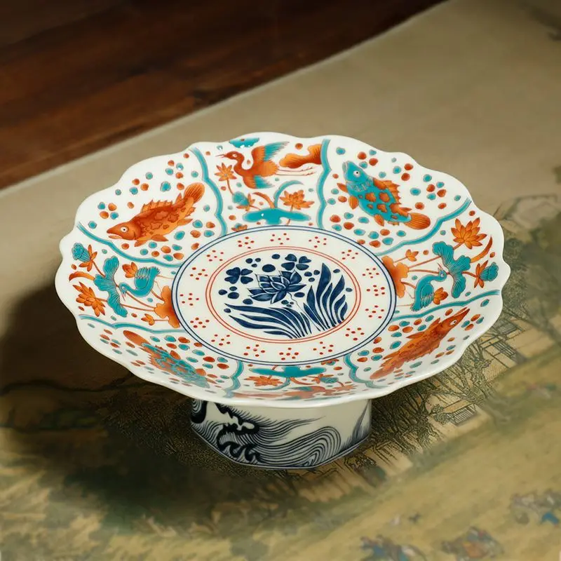 Doucai Porcelain High Foot Fruit Plate Ceramic Snack Tray Chinese Style Offering Dish for Tea Table Living Room Home Decor