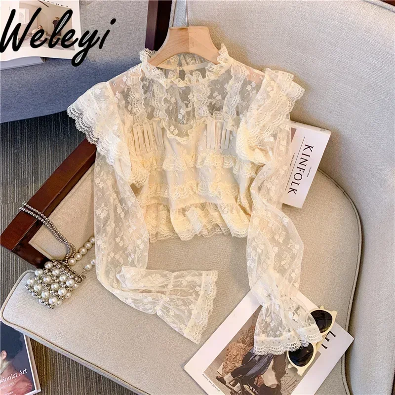 Fairy Women's Lace Stand-up Neck Shirt Autumn and Winter New Sweet Unique Long Sleeve Solid Color Ladies Top Roupas Femininas