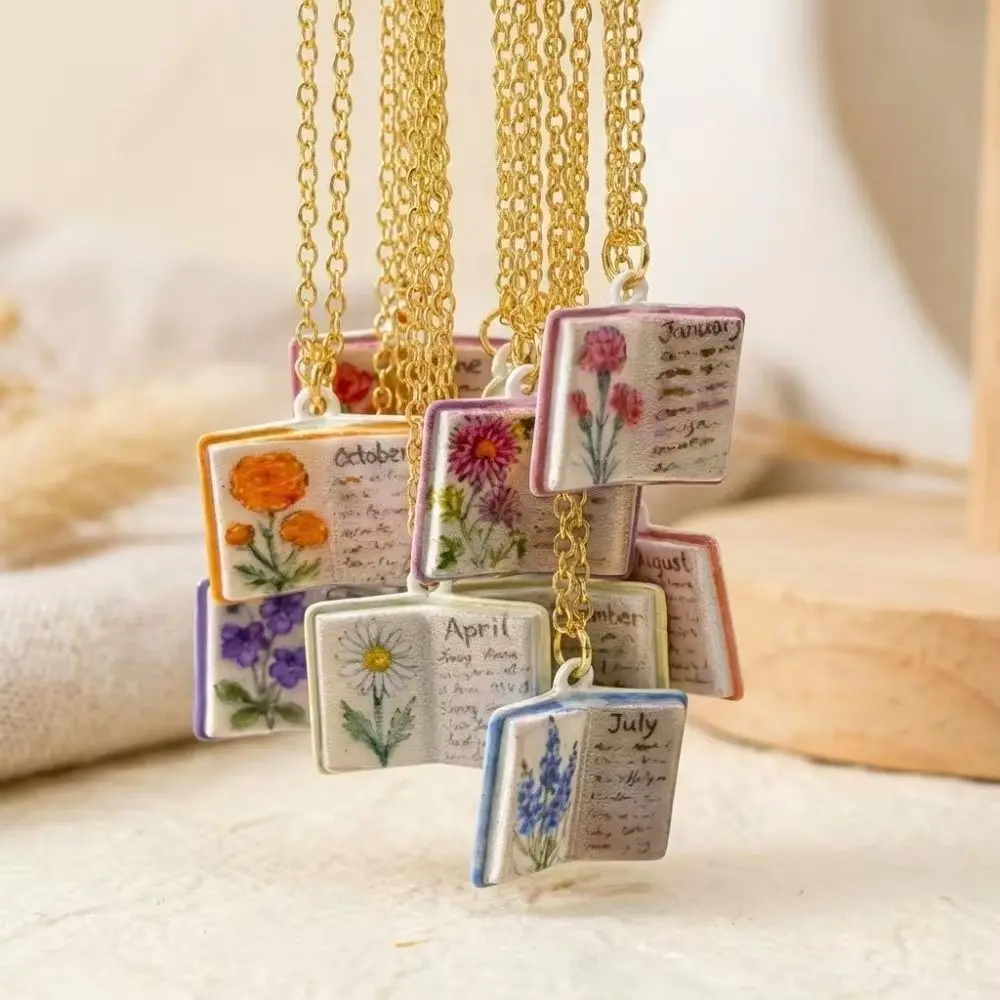 Antique Porcelain Book Pendant Necklace Copper Design Hand-painted Book Necklace Vintage Style Design Sense Pendant Necklace