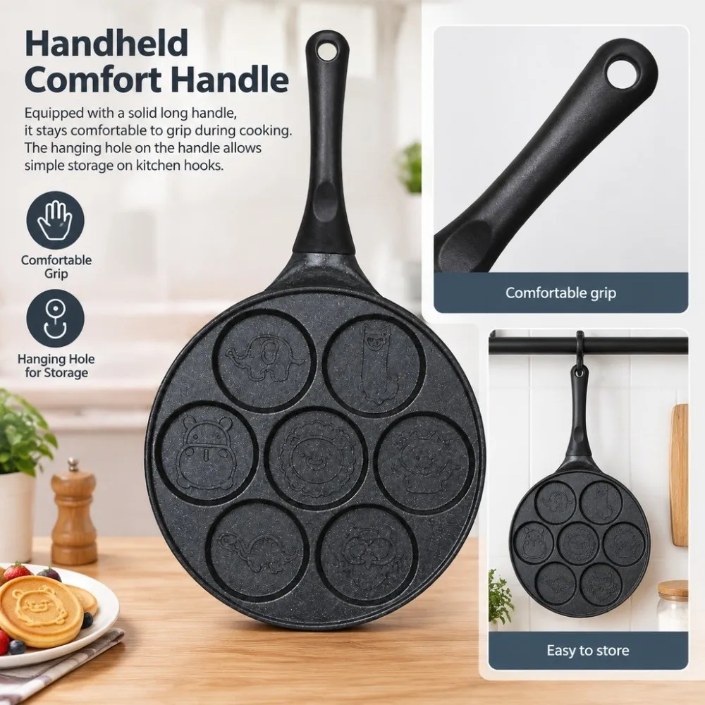 Aluminum Alloy Animal Pancake Pan 7 Hole Non-Stick Coating Cartoon Griddle Pan Black Flat Bottom Egg Burger Mold Gas Applicable