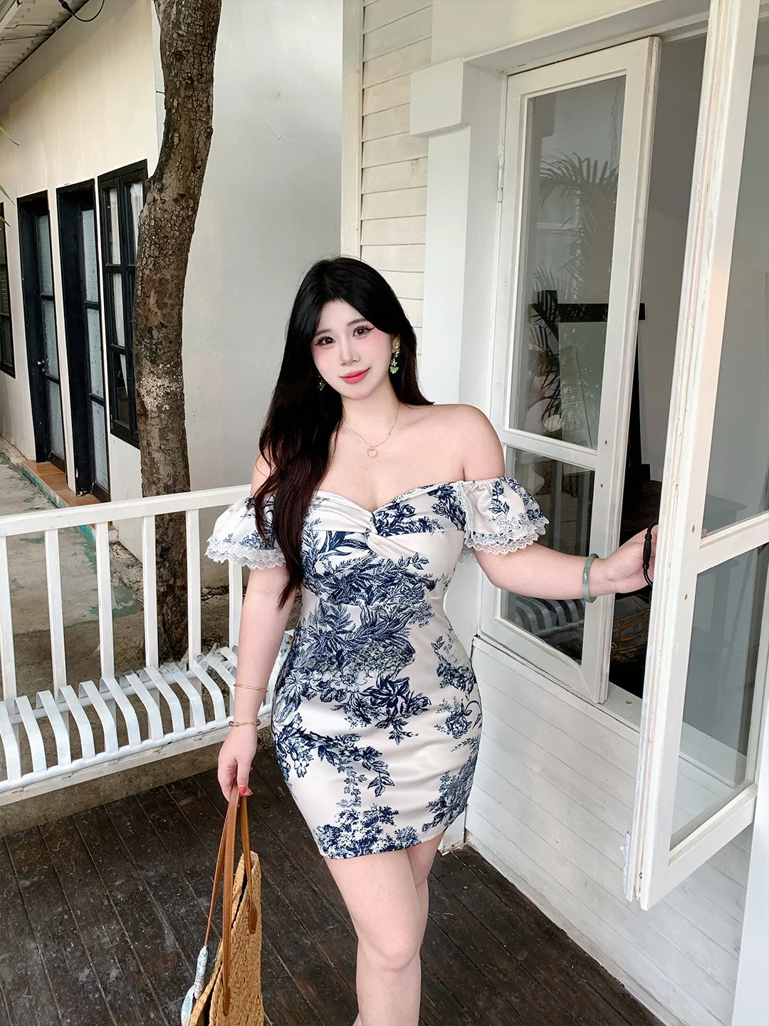

Babes Pure Desire Large Size Short Skirt Square Collar Water Ink Print Slimming Hemline High Waist Bodycon Summer Dress